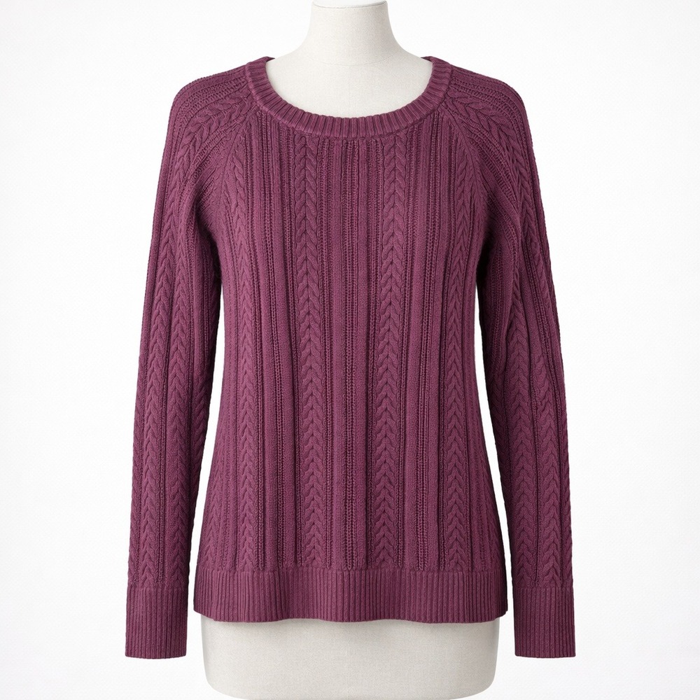 Vintage Lands End Cable Knit Sweater Size M 10/12 Purple Fisherman Granola Cabin